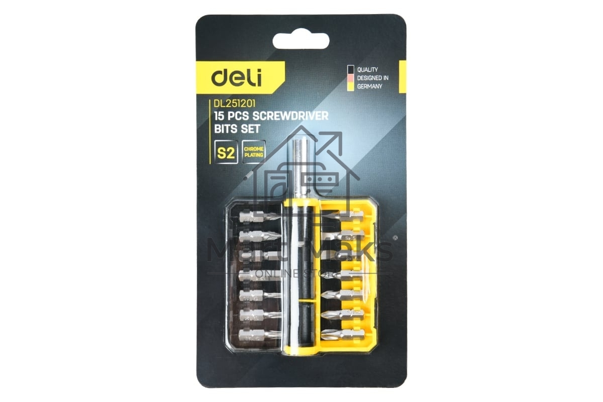 Набор бит 14 шт c держателем Deli DL251201 (SL4,SL5,SL6,PH0,PH1,PH2,PH3,T15,T20,T25,H5,H6,PZ1,PZ2), сталь S2, пласт.держатель