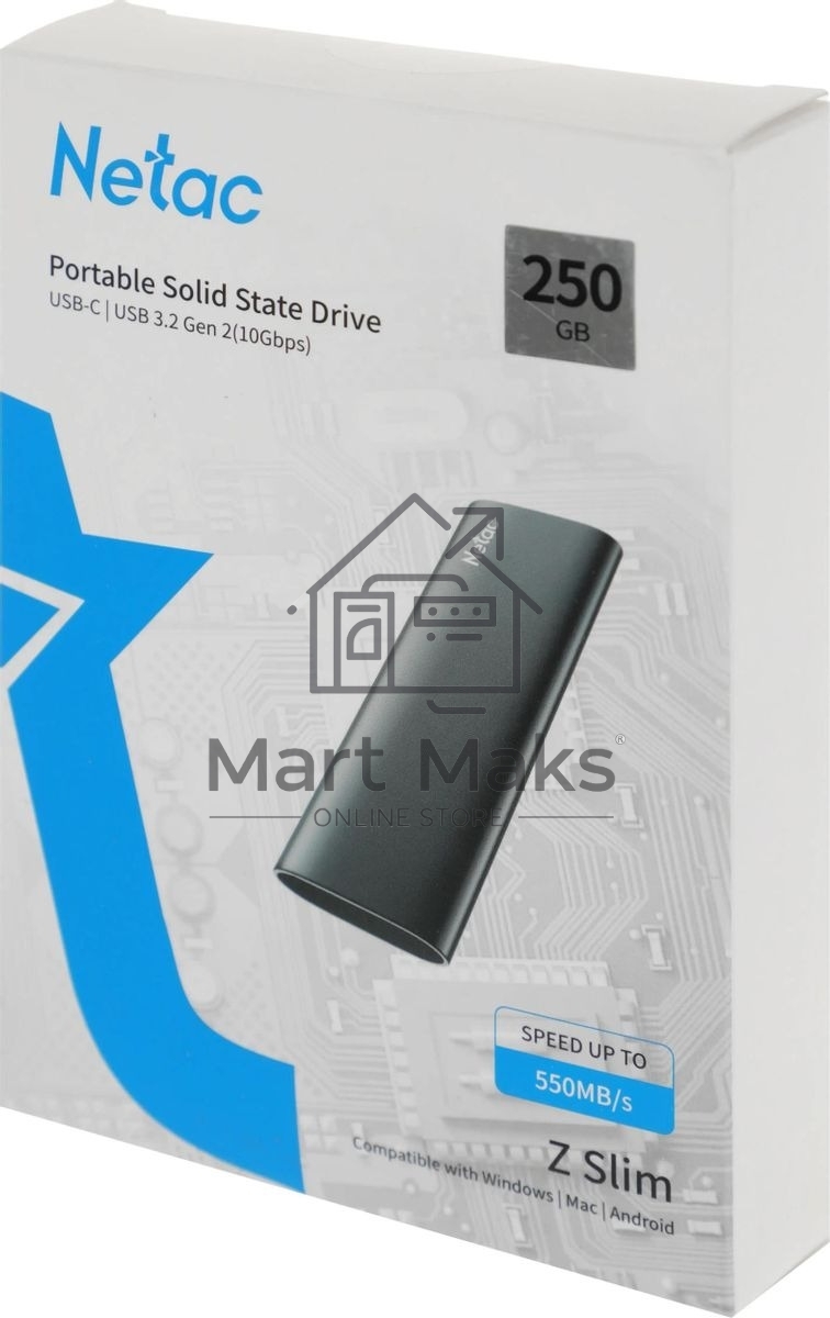 Внешний накопитель SSD Netac 250Gb Z SLIM (USB3.2, up to 520/480MBs, 100х29.5х9mm, Black)