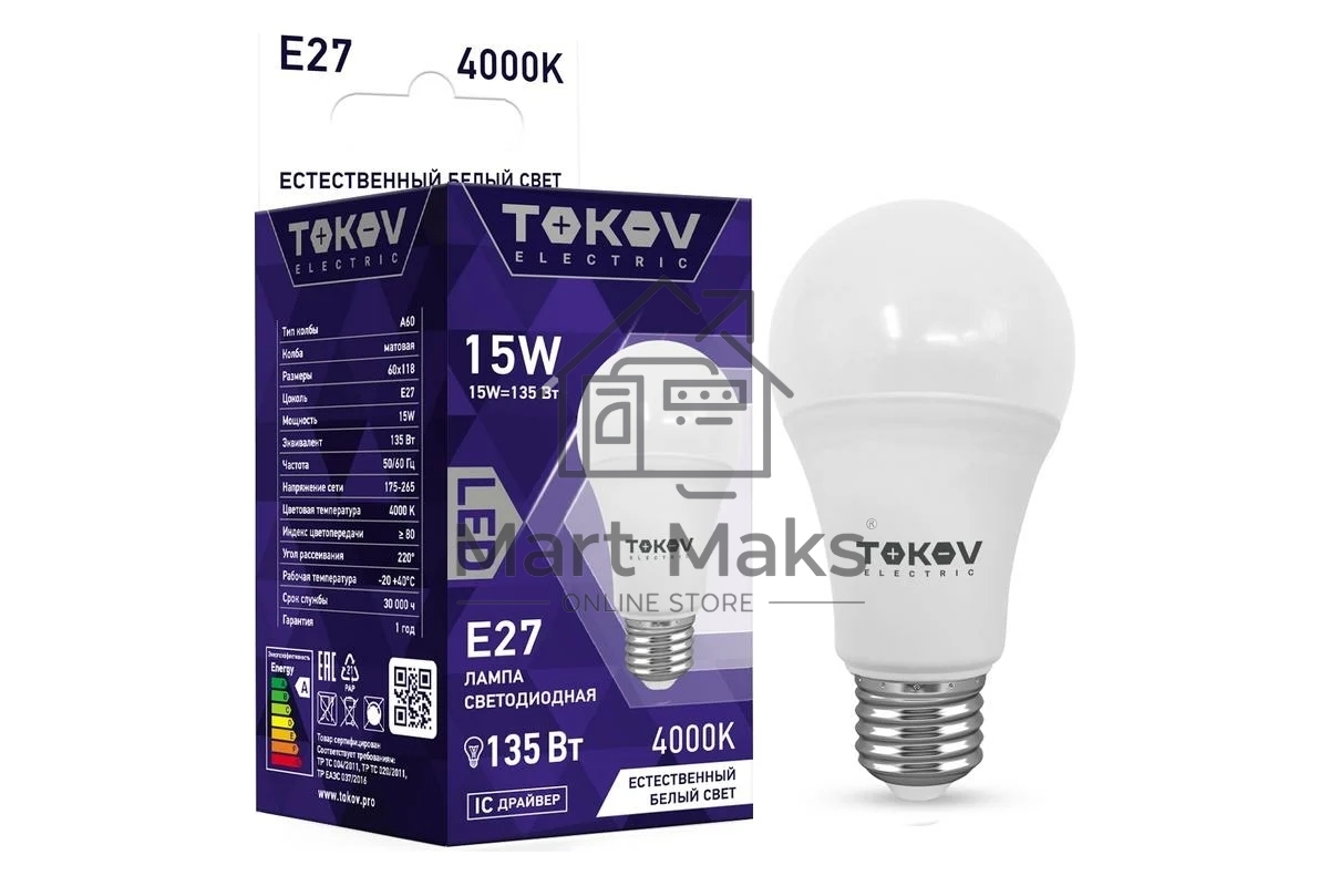 Лампа светодиодная TOKOV ELECTRIC 15Вт А60 4000К Е27 176-264В