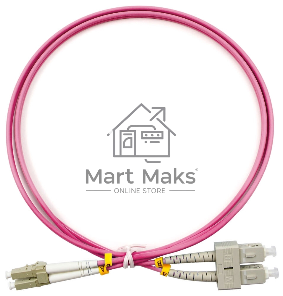 Патч-корд оптический Cabeus Tight Buffer, Duplex SC/LC (UPC/UPC), OM4 50/125, LSZH, 1м, Ø 3мм, серый хвостовик, маджента