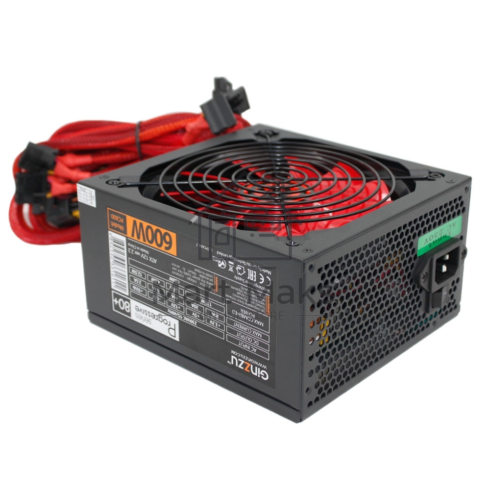 Блок питания Ginzzu PC600 Red, 600Вт, 80 PLUS, 140мм, черный / красный