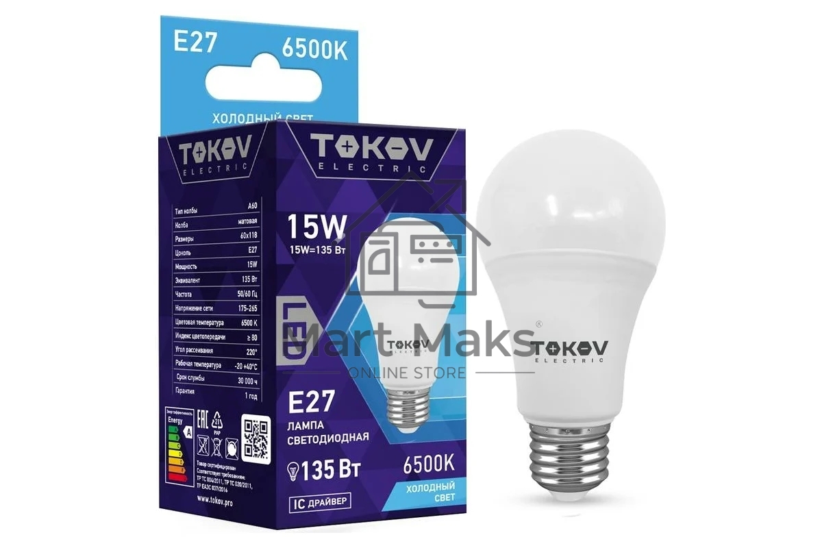 Лампа светодиодная TOKOV ELECTRIC 15Вт А60 6500К Е27 176-264В
