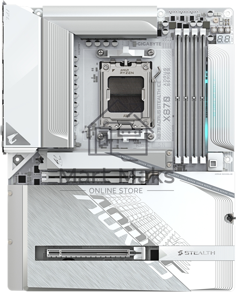 Материнская плата Gigabyte X870 AORUS STEALTH ICE, AM5, AMD X870, 4xDDR5, 2xSATA, 4xM.2, 1xPCIe 5.0 x16, 1xPCIe 4.0 x16, 1xHDMI, 1x5Gb LAN, Wi-Fi 7, Bluetooth 5.4, 2xUSB-C 40Gbps (USB4), 1xUSB-C 10Gbps, 4xUSB-A 10Gbps, 4xUSB-A 5Gbps, 4xUSB-A 2.0, 3x3.5 мм + S/PDIF оптический, 7.1, ATX