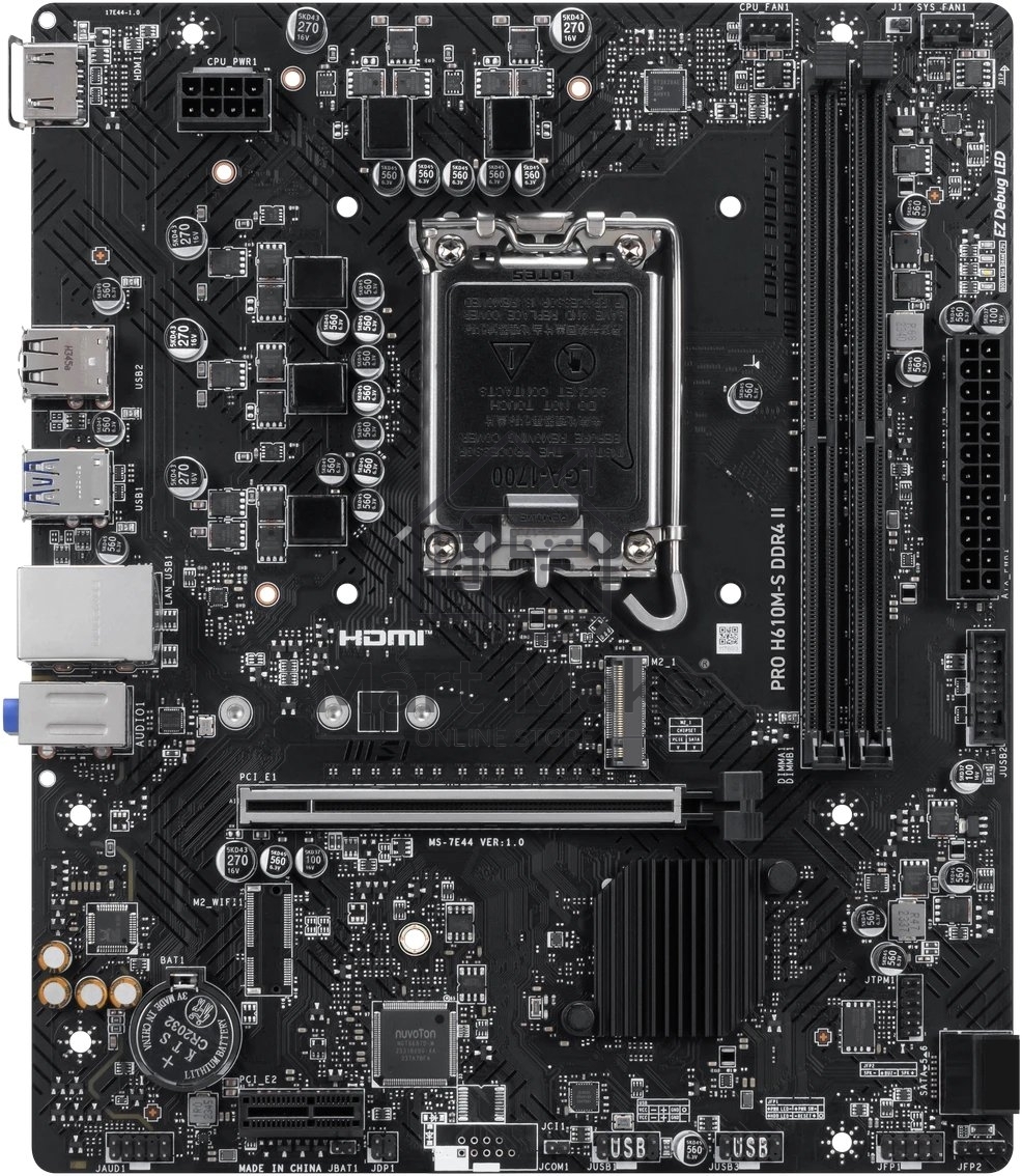 Материнская плата MSI PRO H610M-S DDR4 II, LGA1700, Intel H610, 2xDDR4, 2xSATA, 1xM.2 PCIe 3.0, 1xPCIe 4.0 x16, 1xPCIe 3.0 x1, 1xHDMI, 1x 1Gb LAN, 2xUSB 3.2 Gen1, 4xUSB 2.0, 3x3.5 мм, 7.1, microATX