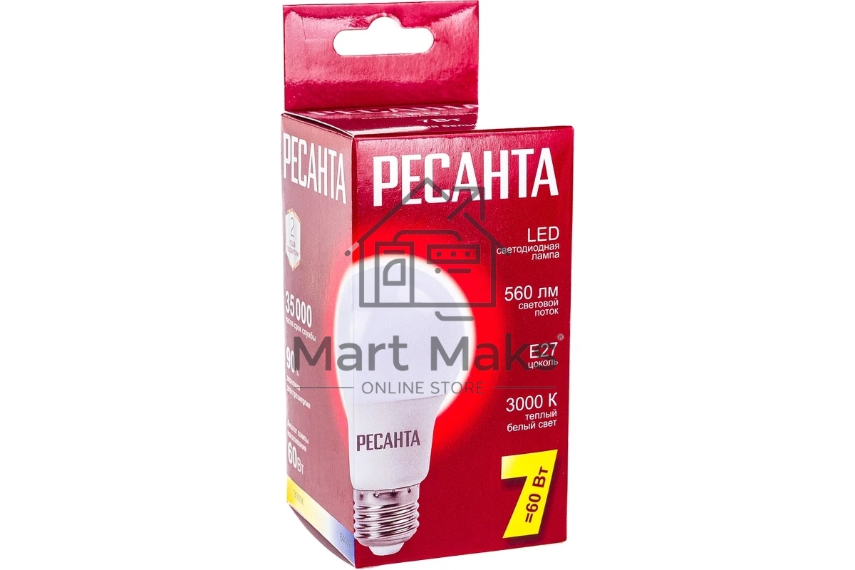 Лампа светодиодная Ресанта LL-R-A60-7W-230-3K-E27 груша, 7 Вт, тепл., Е27