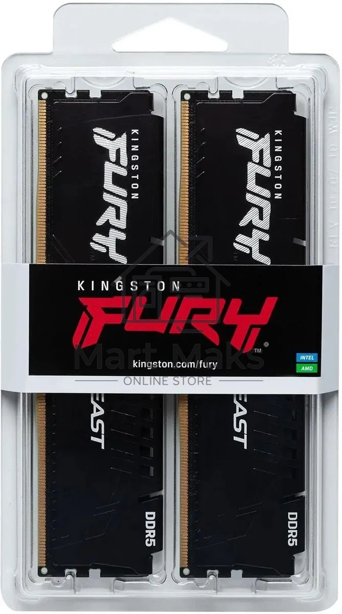 Оперативная память Kingston Fury Beast, DDR5, 32GB (2x16GB), 5200MHz, CL36, DIMM, радиатор, черный