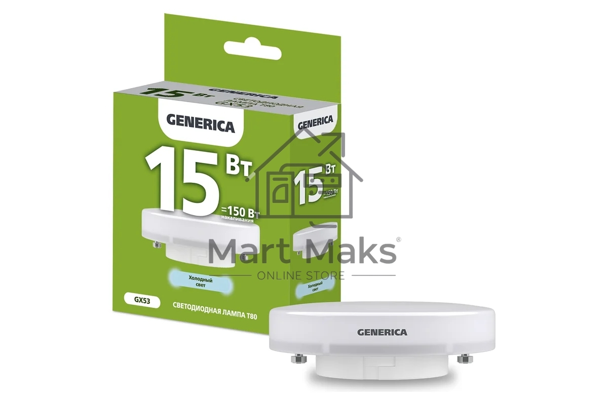 Лампа светодиодная GENERICA LL-T80-15-230-65-GX53-G T80 15Вт таблетка 6500К GX53 230В