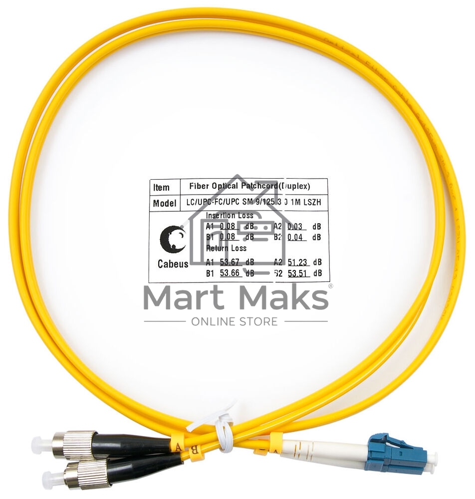 Патч-корд оптический Cabeus Tight Buffer, Duplex LC/FC, OS2 9/125, LSZH, 1м, Ø 3мм, чёрный хвостовик, жёлтый