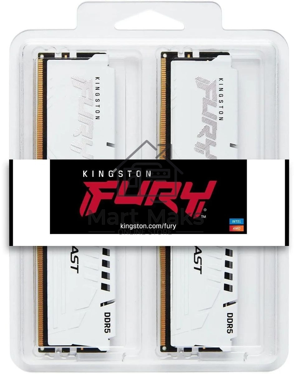 Оперативная память Kingston Fury Beast, DDR5, 64GB (2x32GB), 6000MHz, CL30, DIMM, с радиатором, белый