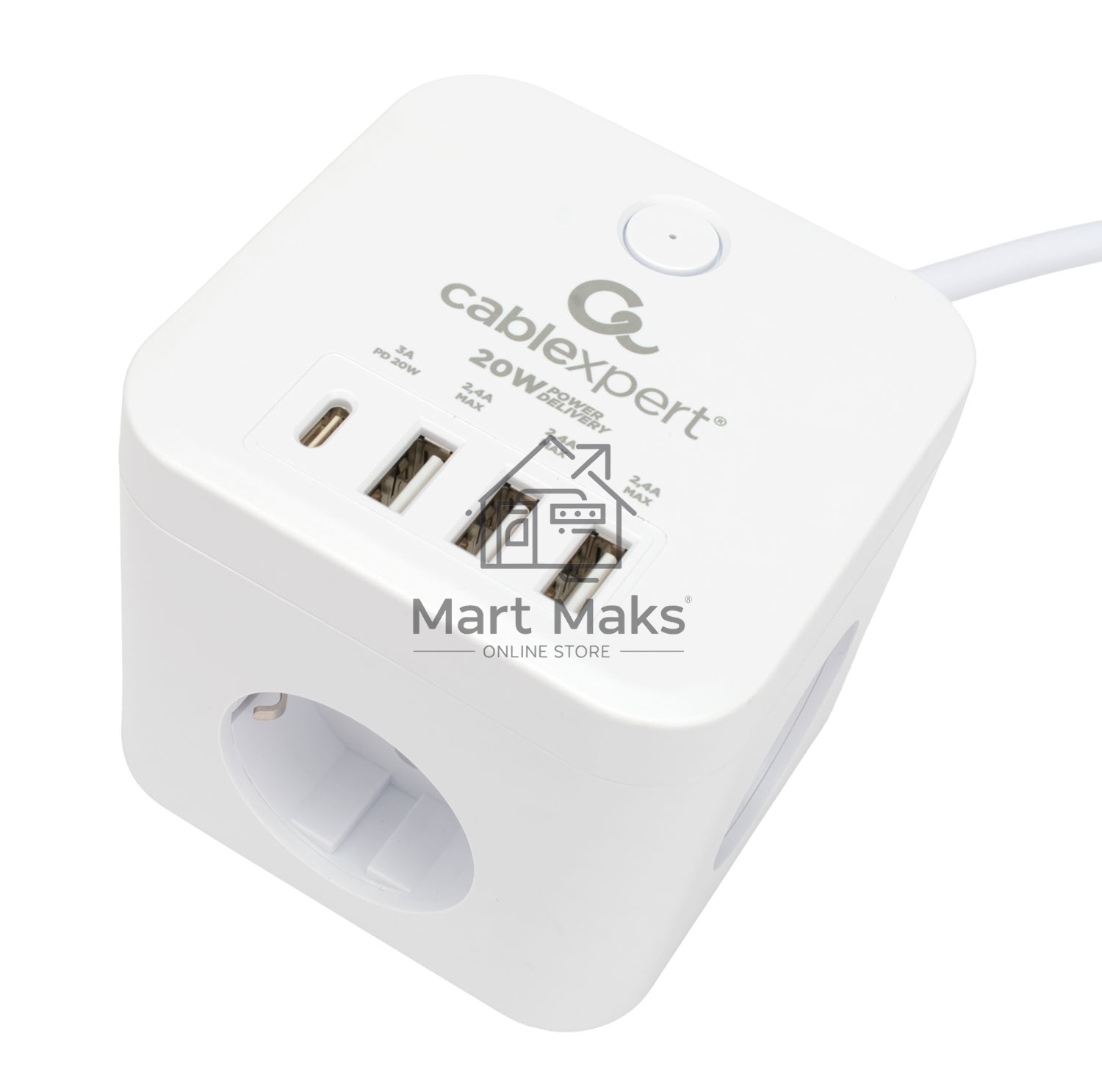 Сетевой фильтр Cablexpert Cube CUBE-3-CU3-W-1.5, 3р, 10А, 1xType-C PD, 3xUSB, 1.5м, ур.защиты 4+, белый, коробка