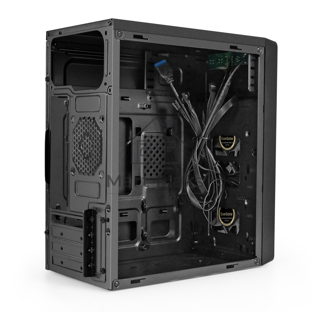 Компьютерный корпус Minitower ExeGate mEVO-7803-XP500 (mATX, БП XP500 с вент. 12см, 2*USB+1*USB 3.0, HD аудио, черный, 2 вент. 12см с RGb подсветкой)