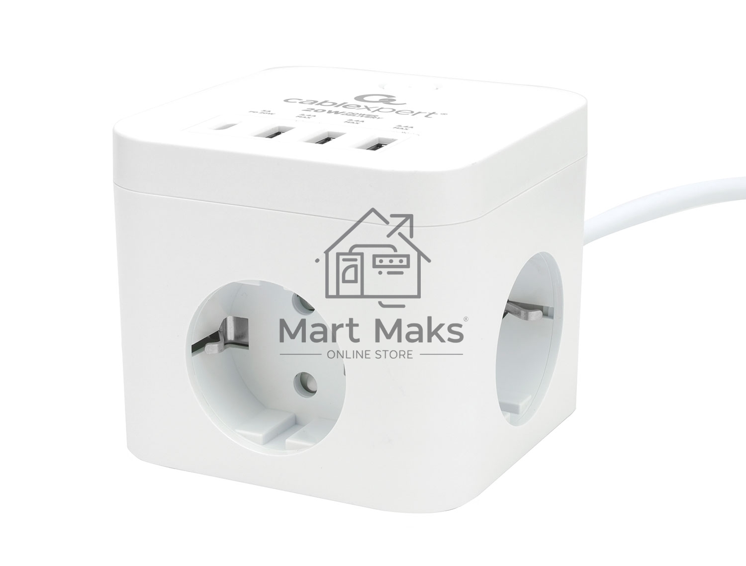 Сетевой фильтр Cablexpert Cube CUBE-3-CU3-W-1.5, 3р, 10А, 1xType-C PD, 3xUSB, 1.5м, ур.защиты 4+, белый, коробка