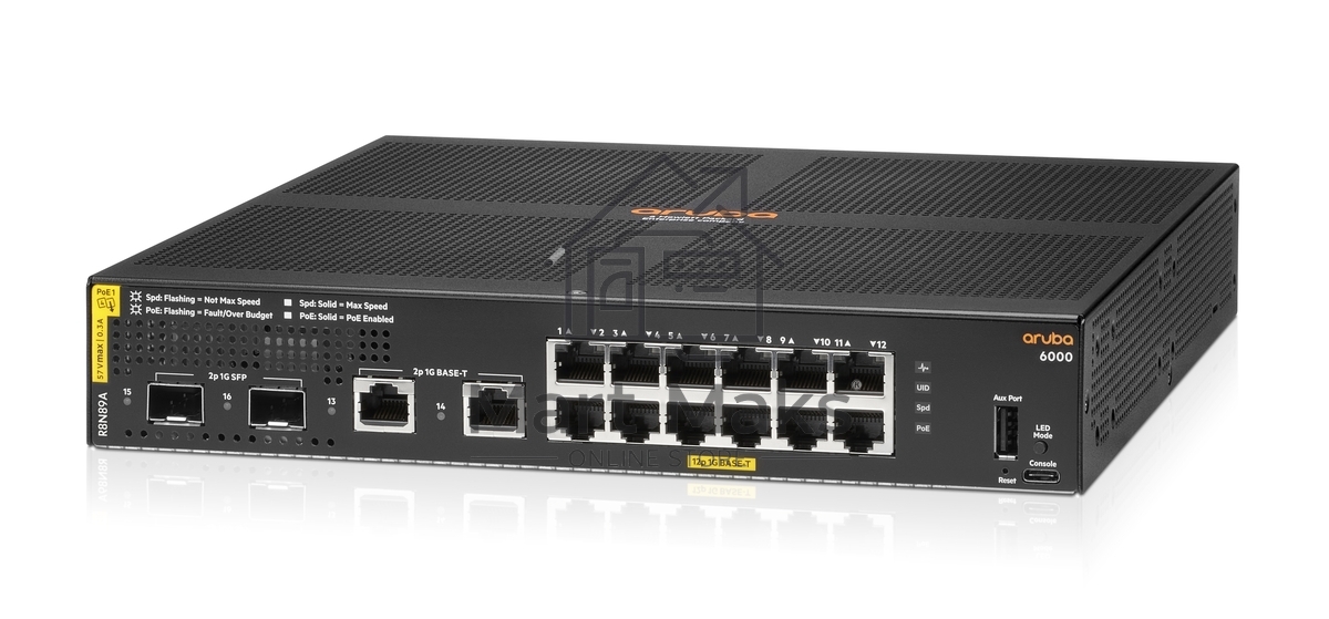 Коммутатор HPE Aruba 6000 12G PoE 2SFP 139W, 12×1 Гбит/с PoE+ + 2×1 Гбит/с SFP, управляемый
