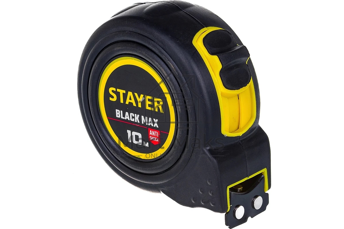 Рулетка STAYER BlackMax 10м / 25мм в ударостойком полностью обрезиненном корпусе и двумя фиксаторами