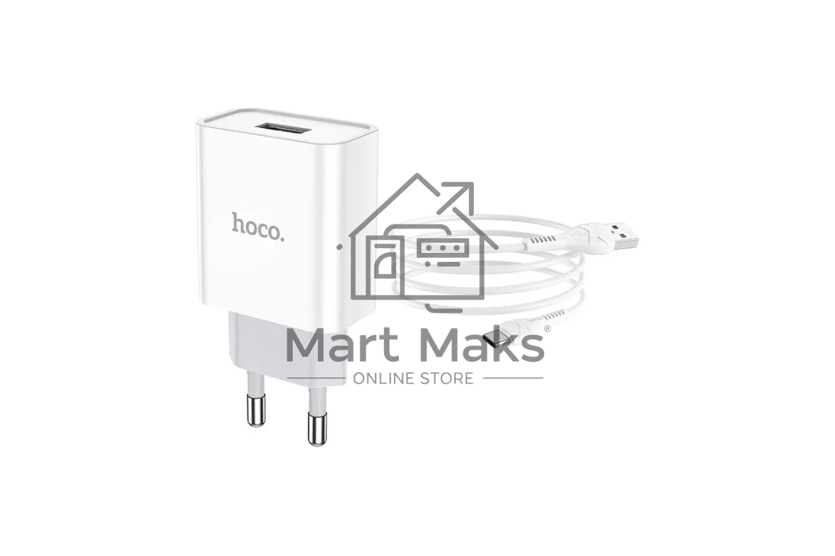 Блок питания (сетевой адаптер) HOCO C81A Asombroso single 1xUSB с кабелем Type-C, 2.1A, 10W, белый
