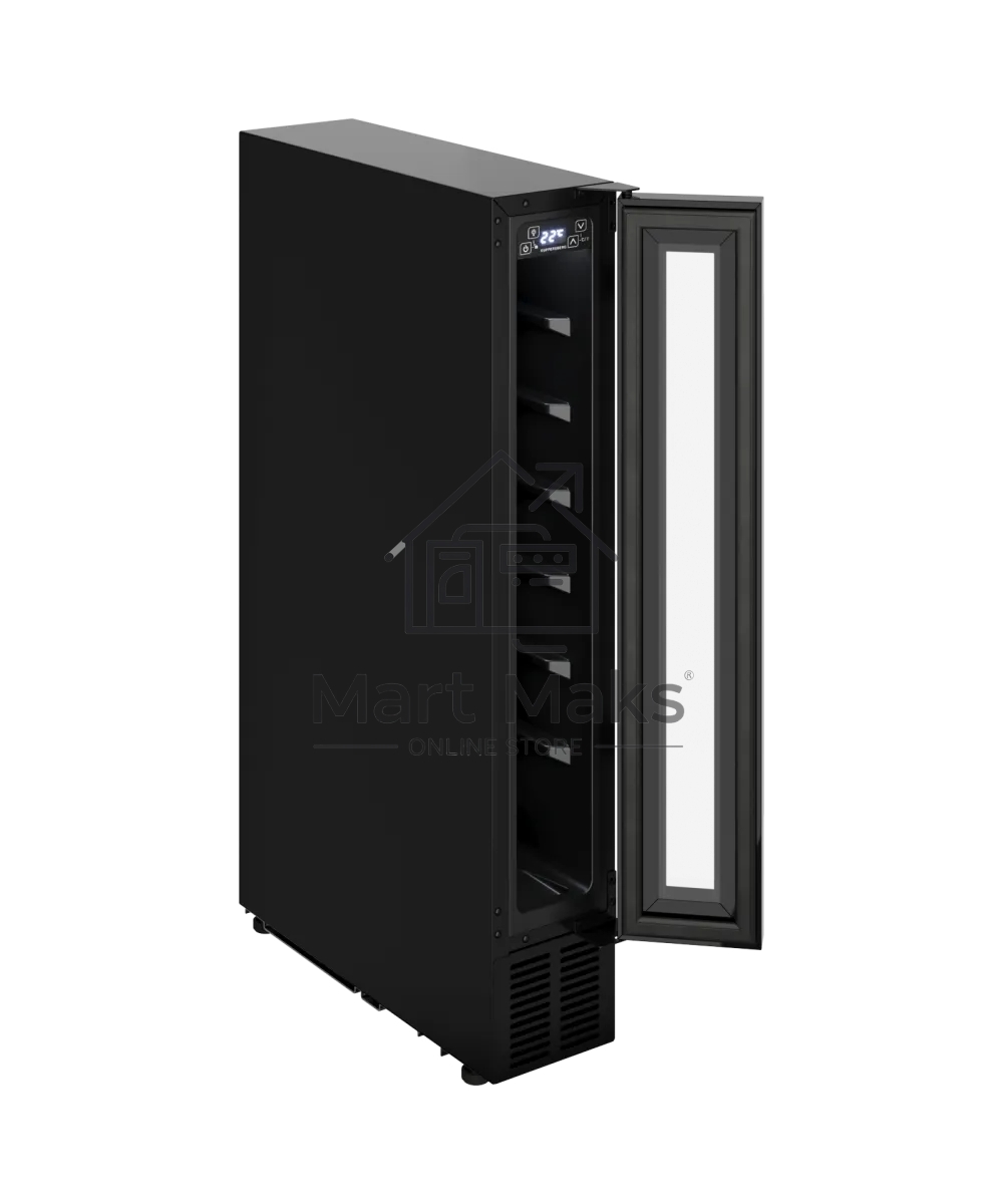 Винный шкаф Kuppersberg RBW 15, встраиваемый, High-Tech, ВхШхГ 87х15х52.5 см, объем 20 л, вместимость 7 бутылок, диапазон температуры 5-20 градусов, механическое открытие двери, LED дисплей, уровень шума 39 дБ, черный