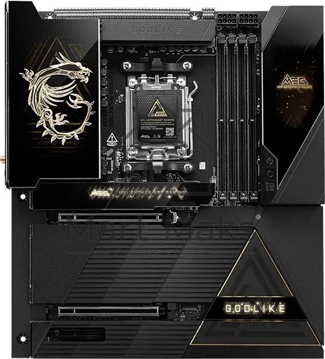 Материнская плата MSI MEG X870E GODLIKE MAX, AM5, AMD X870E, 4xDDR5, 4xSATA 6Gb/s, 5xM.2 (PCIe 5.0/4.0), 2xPCIe 5.0 x16, 1xPCIe 4.0 x4, 2xUSB4 40Gbps Type-C, 5xUSB 3.2 Gen2 Type-C, 8xUSB 3.2 Gen2 Type-A, 2x3.5 мм, 7.1, E-ATX