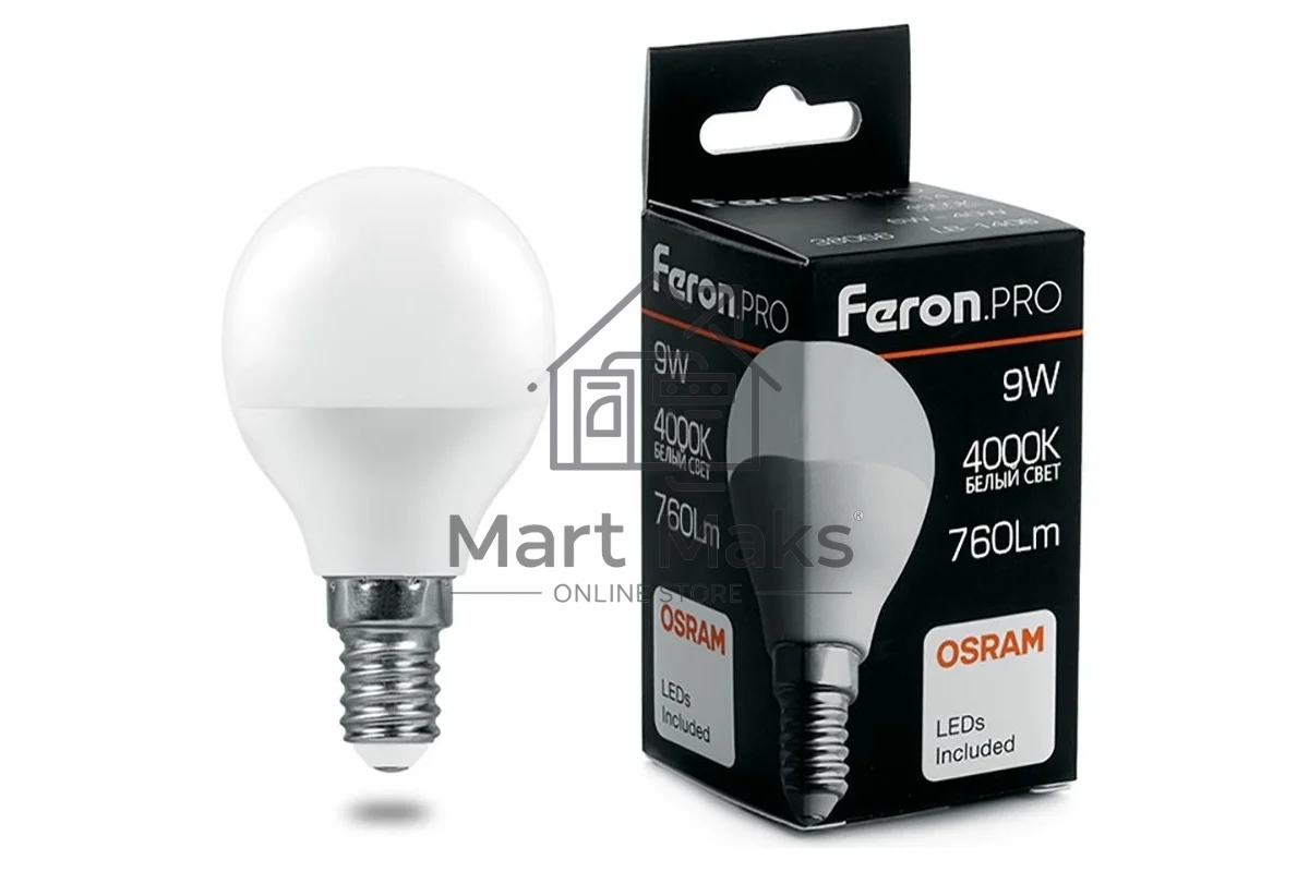Лампа светодиодная FERON PRO LB-1409 (38078) 9 вт Е14 белый матовый шар