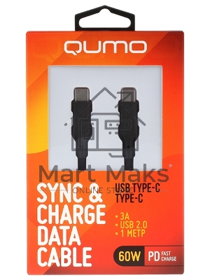 Кабель QUMO 32964 Type-C на Type-C, силиконовый, 1м, 3A, 60W, PD черный