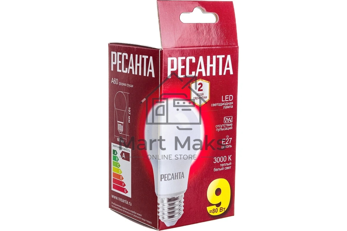 Лампа светодиодная Ресанта LL-R-A60-9W-230-3K-E27 груша, 9 Вт, тепл., Е27