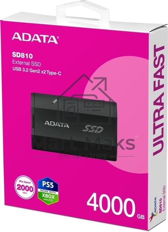 Внешний SSD ADATA SD810, 4TB, USB 3.2 Gen 2x2 Type-C, R/W 2000/2000, черный