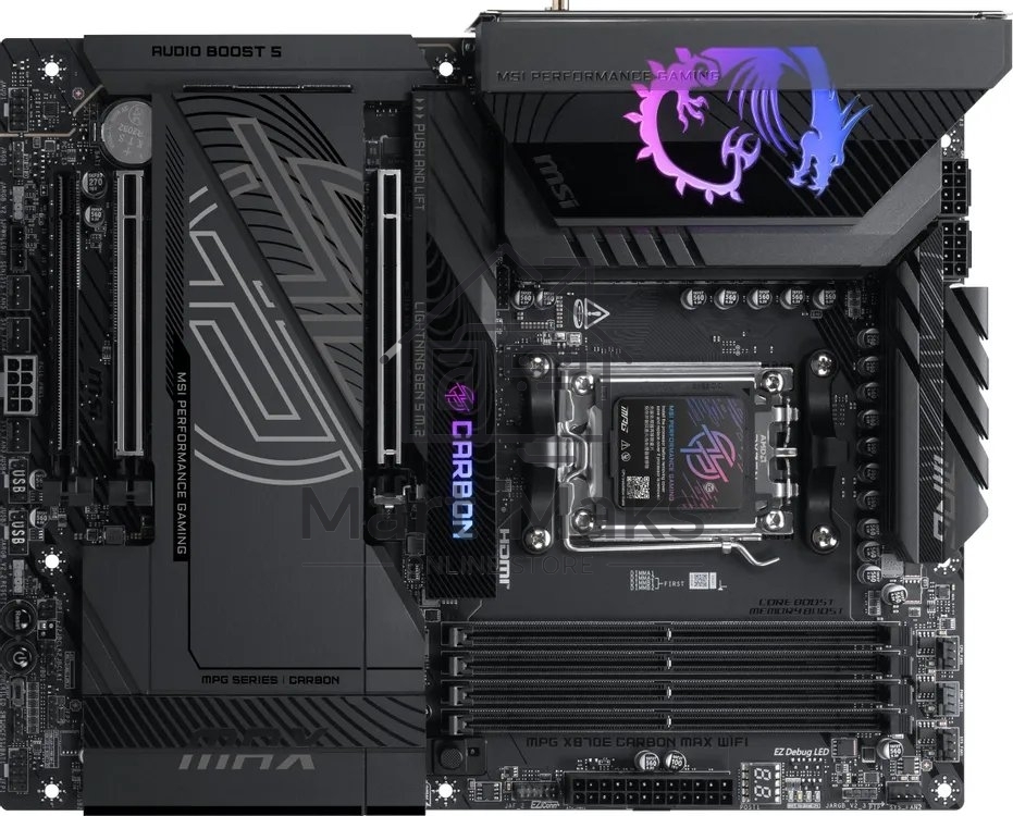 Материнская плата MSI MPG X870E CARBON MAX WIFI, AM5, AMD X870E, 4xDDR5, 4xSATA, 4xM.2 PCIe 5.0/4.0, 3xPCIe 5.0 x16/x8, 1xHDMI, 1x 5Gb LAN, 1x 2.5Gb LAN, 13xUSB (9x 10Gbps Type-A, 4x Type-C), 2x3.5 мм, 7.1, ATX