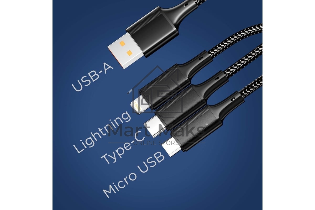 Кабель Rexant USB 3в1 Type-С (6A), Lightning (2,4A), micro USB (3A) 1,2м, в черной оплетке 18-7075