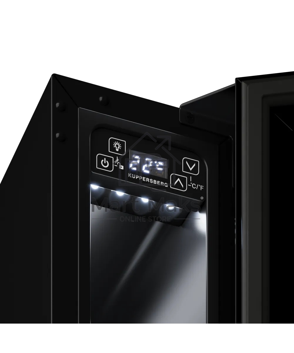 Винный шкаф Kuppersberg RBW 15, встраиваемый, High-Tech, ВхШхГ 87х15х52.5 см, объем 20 л, вместимость 7 бутылок, диапазон температуры 5-20 градусов, механическое открытие двери, LED дисплей, уровень шума 39 дБ, черный