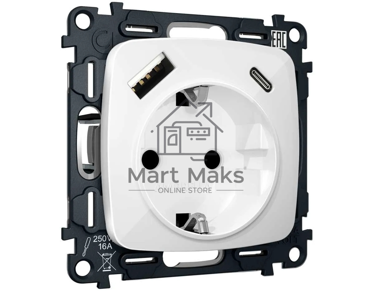 Комплект механизма электрической розетки OMEGA Белый глянец 2USB A+C 20W (быстрая зарядка) с/з QUANT (OP1100, VM160) MO110010