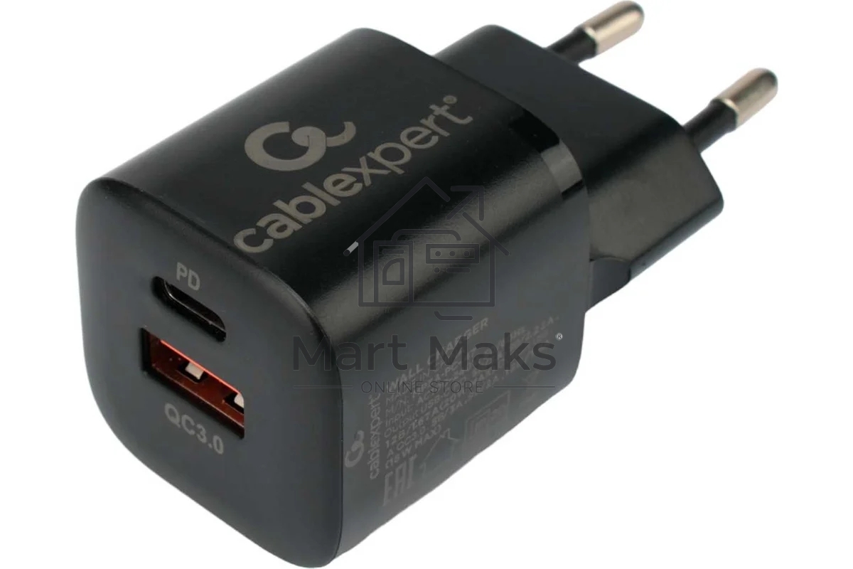 Зарядное устройство Cablexpert 20Вт, 3А, QC3.0/PD, 1xUSB, 1xType-C, черный, пакет