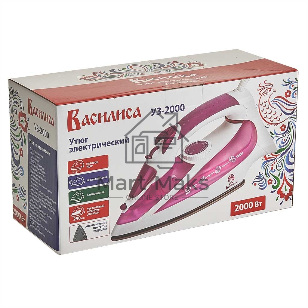 Утюг ВАСИЛИСА У3-2000 белый с сиреневым (2000 Вт. Тефлоновое покрытие подошвы. Индикатор нагрева утюга. Терморегулятор. 3 режима: сухое глажение, отпаривание, разбрызгивание воды. Возмож-ть регулировки степени отпаривания/вертикального отпаривания. Парово