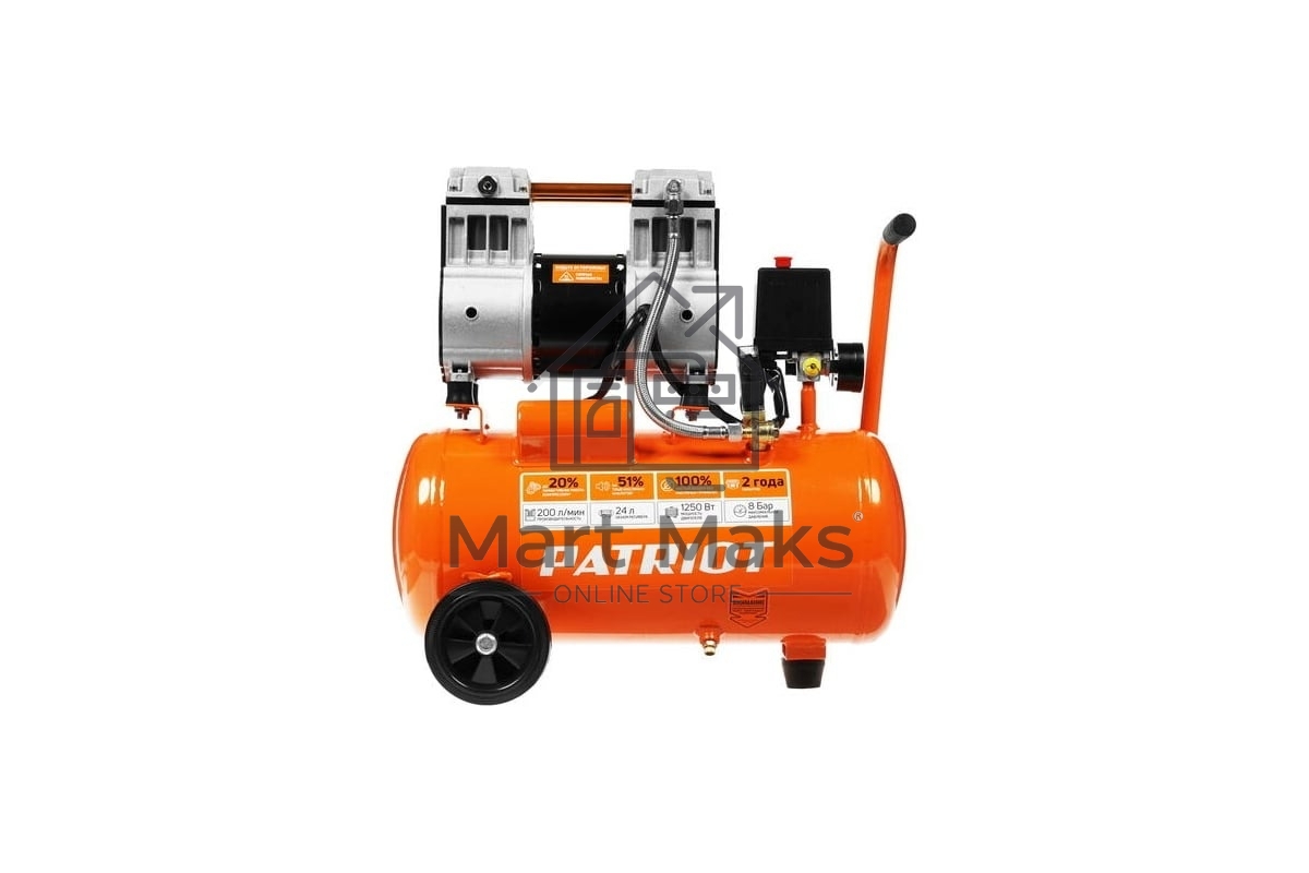 Компрессор поршневой безмасляный Patriot WO 24-220, 200 л/мин, 8 бар, 1250 Вт, 24 л, быстросъемный 1/4