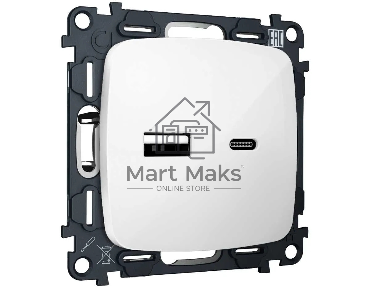Комплект механизма розетки OMEGA Белый глянец 2USB A+C 20W (быстрая зарядка) QUANT (OP1110, VM177) MO111010