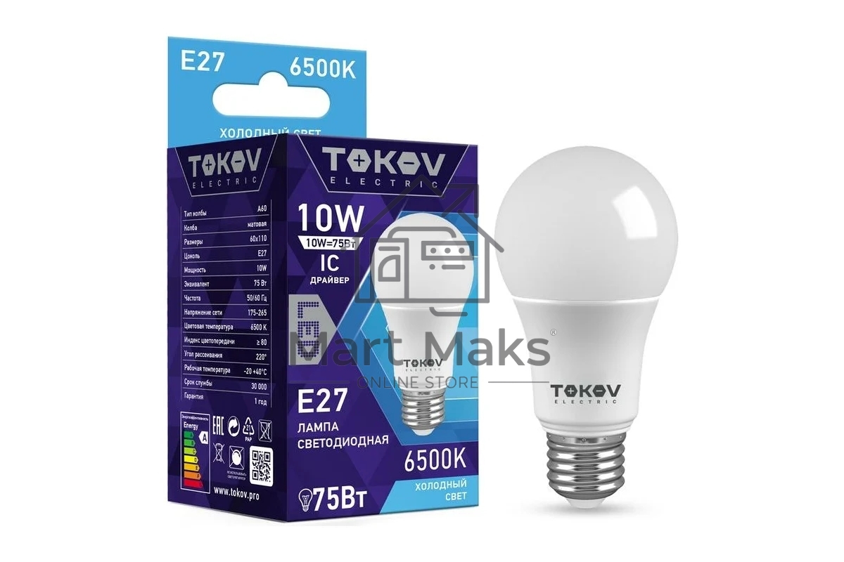 Лампа светодиодная TOKOV ELECTRIC TKE-A60-E27-10-6.5K 10 Вт А60 6500К Е27 176-264В