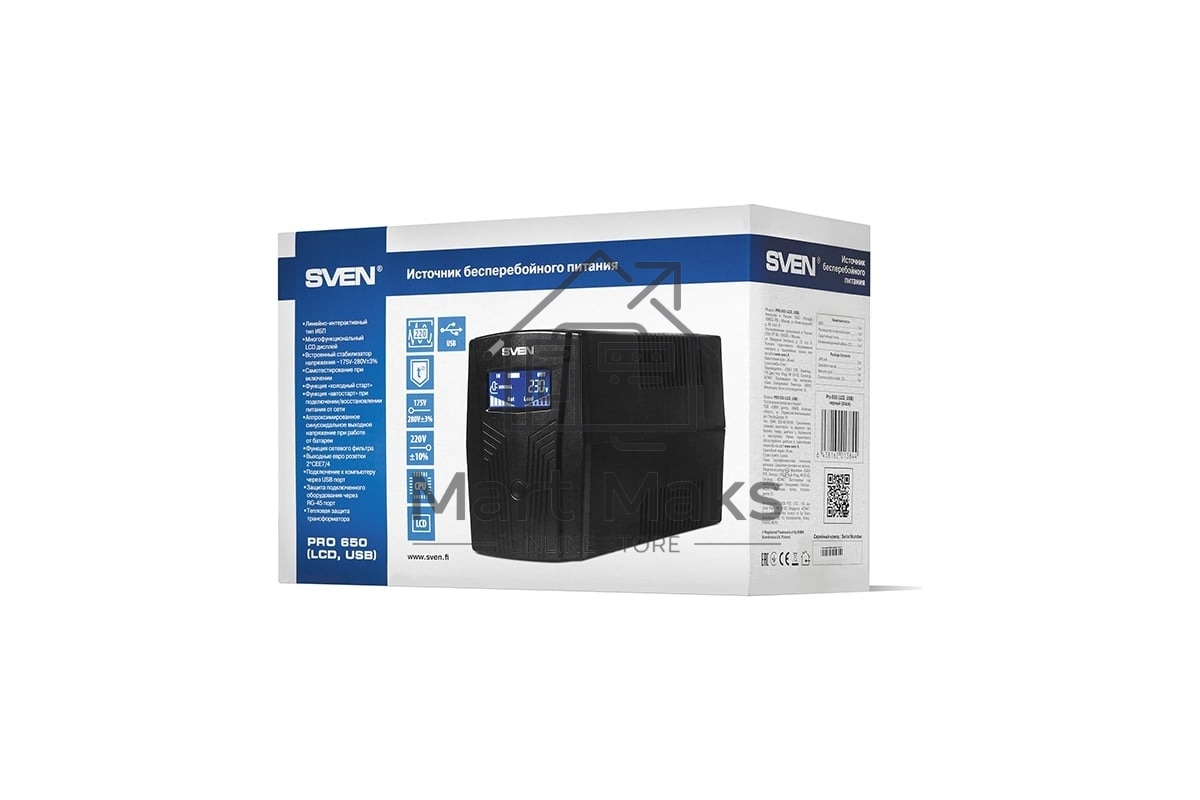 Источник бесперебойного питания SVEN Pro 650 650VA/390W LCD, USB, RJ-45 (2 EURO)