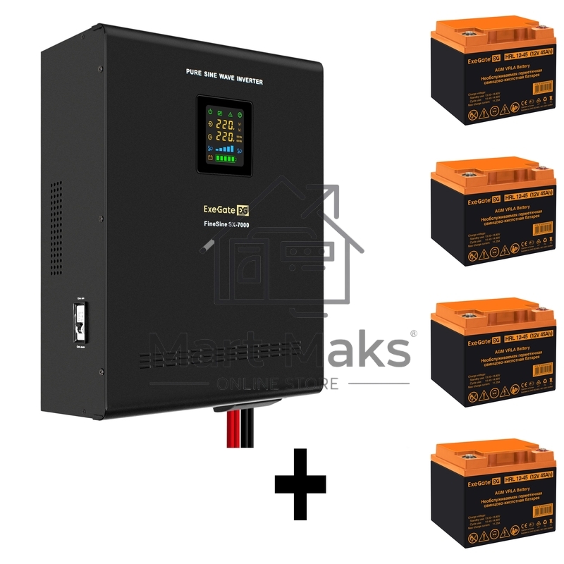 Комплект ИБП EX296005RUS + батарея 45Aч EX285666RUS 4шт (инвертор, синус, для котла, настенный) ExeGate FineSine SX-7000.LCD.AVR.2SH.T <7000VA/5000W, чистая синусоида, цветной LCD-дисплей, AVR, 2*Schuko+клеммы, линейно-интерактивный, крепление настенное, 