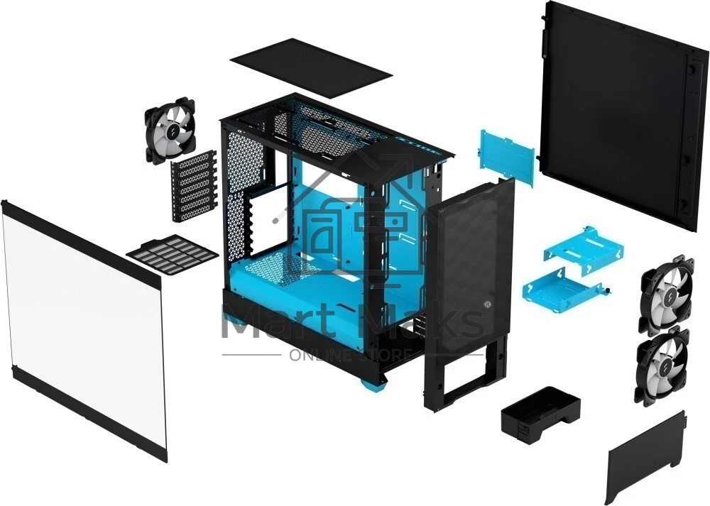 Корпус ПК без блока питания Fractal Design Pop Air RGB Cyan Core TG Clear Tint, Midi-Tower, 3x120mm RGB, 2xUSB-A 3.2 ATX, mATX, mITX черный/циан