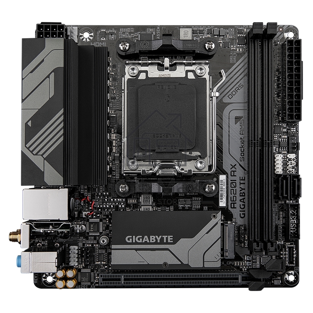 Материнская плата Gigabyte A620I AX, Mini-ITX, AM5, AMD A620, 2xDDR5, 2xSATA, 1xM.2, 1xPCI-E 4.0 x16, 1xHDMI, 1xDP, 1x 2.5Gb LAN, 1xUSB 3.2 Gen 2, 1xUSB 3.2 Gen 1, 3xUSB 2.0, 3x3.5mm, 7.1, ATX