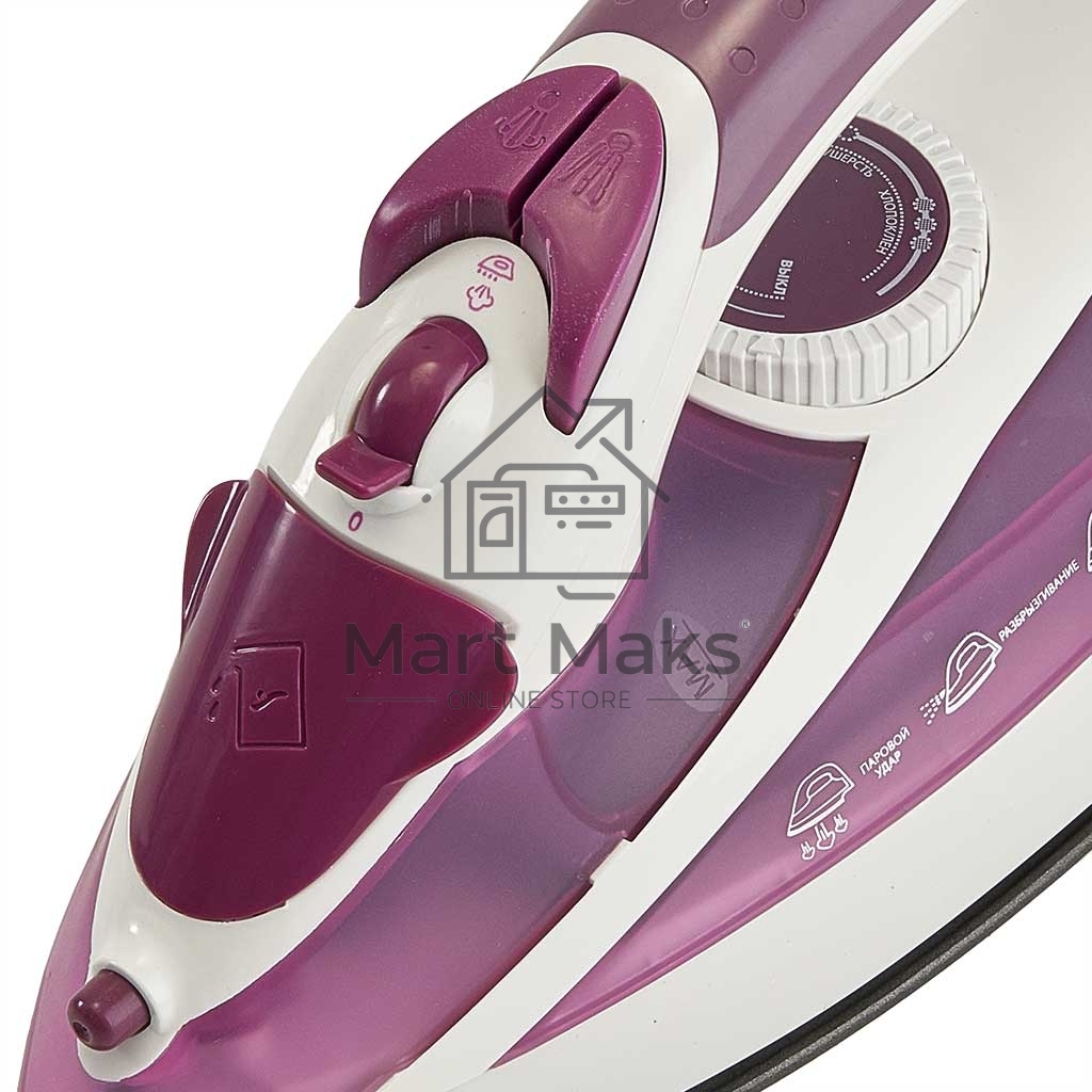 Утюг ВАСИЛИСА У3-2000 белый с сиреневым (2000 Вт. Тефлоновое покрытие подошвы. Индикатор нагрева утюга. Терморегулятор. 3 режима: сухое глажение, отпаривание, разбрызгивание воды. Возмож-ть регулировки степени отпаривания/вертикального отпаривания. Парово