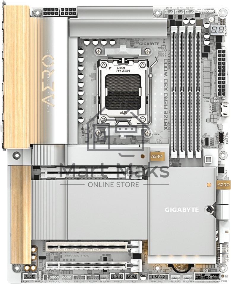 Материнская плата Gigabyte X870E AERO X3D WOOD, AM5, AMD X870E, 4xDDR5, 4xSATA, 4xM.2, 2xPCIe 5.0 x16, 1xPCIe 4.0 x16, 1xHDMI, 2x5Gb LAN, Wi-Fi 7, Bluetooth 5.4, 2xUSB-C 40Gbps (USB4), 1xUSB-C 20Gbps, 5xUSB-A 10Gbps, 3xUSB-A 5Gbps, 3x3.5 мм + S/PDIF оптический, 7.1, вставки из дерева, ATX
