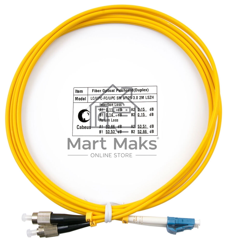 Патч-корд оптический Cabeus Tight Buffer, Duplex LC/FC, OS2 9/125, LSZH, 2м, Ø 3мм, черный хвостовик, желтый