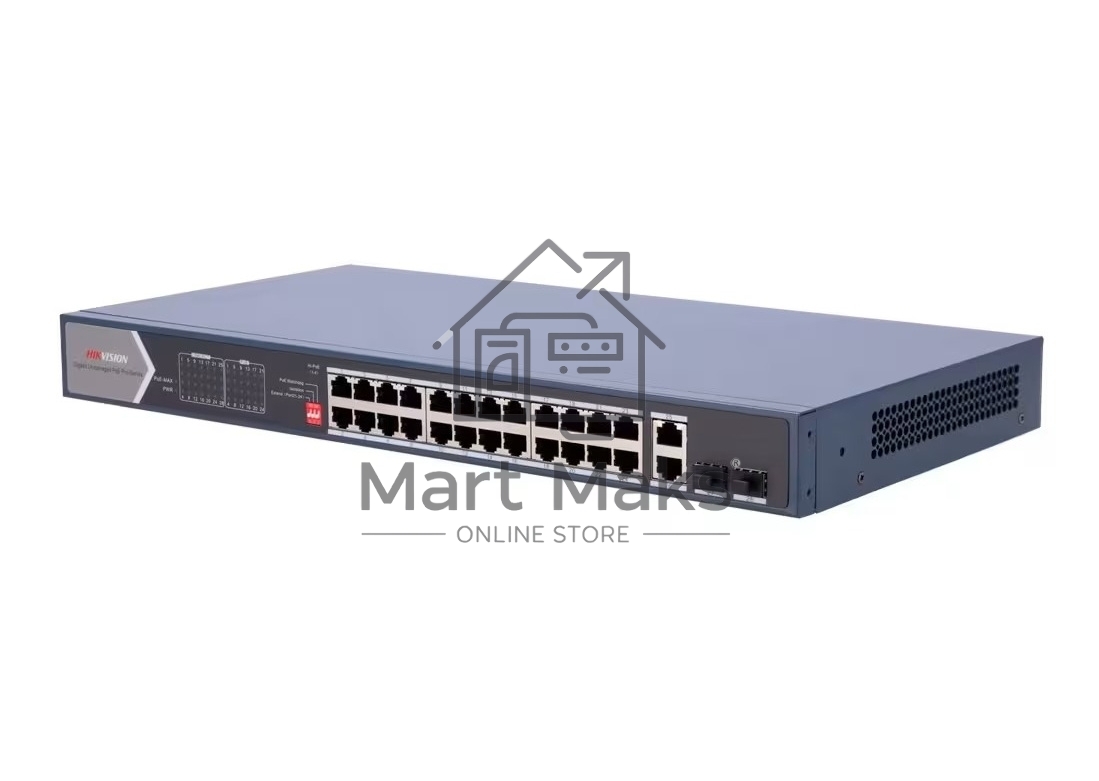 Коммутатор Hikvision DS-3E0528HP-E, 24×1 Гбит/с PoE+ + 2×1 Гбит/с + 2×1 Гбит/с SFP, неуправляемый