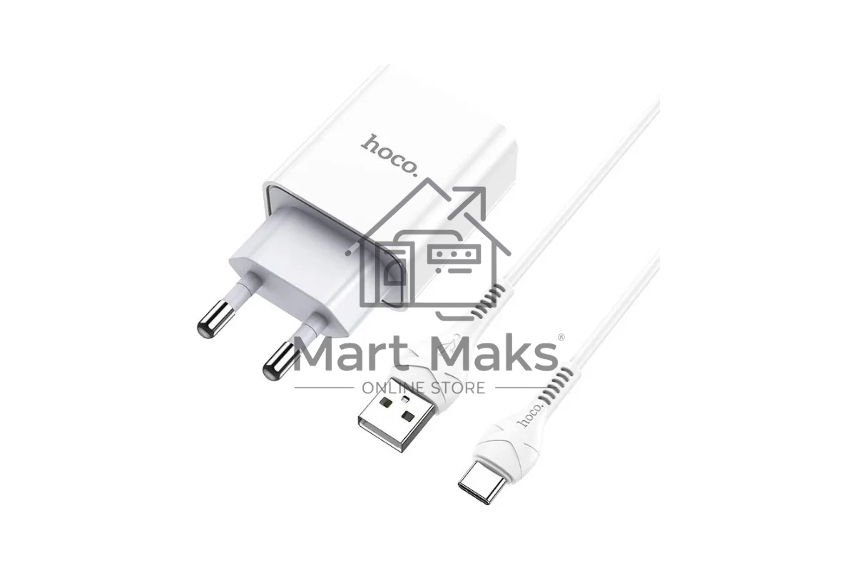 Блок питания (сетевой адаптер) HOCO C81A Asombroso single 1xUSB с кабелем Type-C, 2.1A, 10W, белый