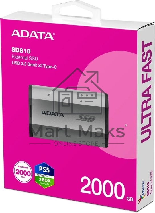Внешний SSD ADATA SD810, 2TB, USB 3.2 Gen 2x2 Type-C, R/W 2000/2000, серебристый