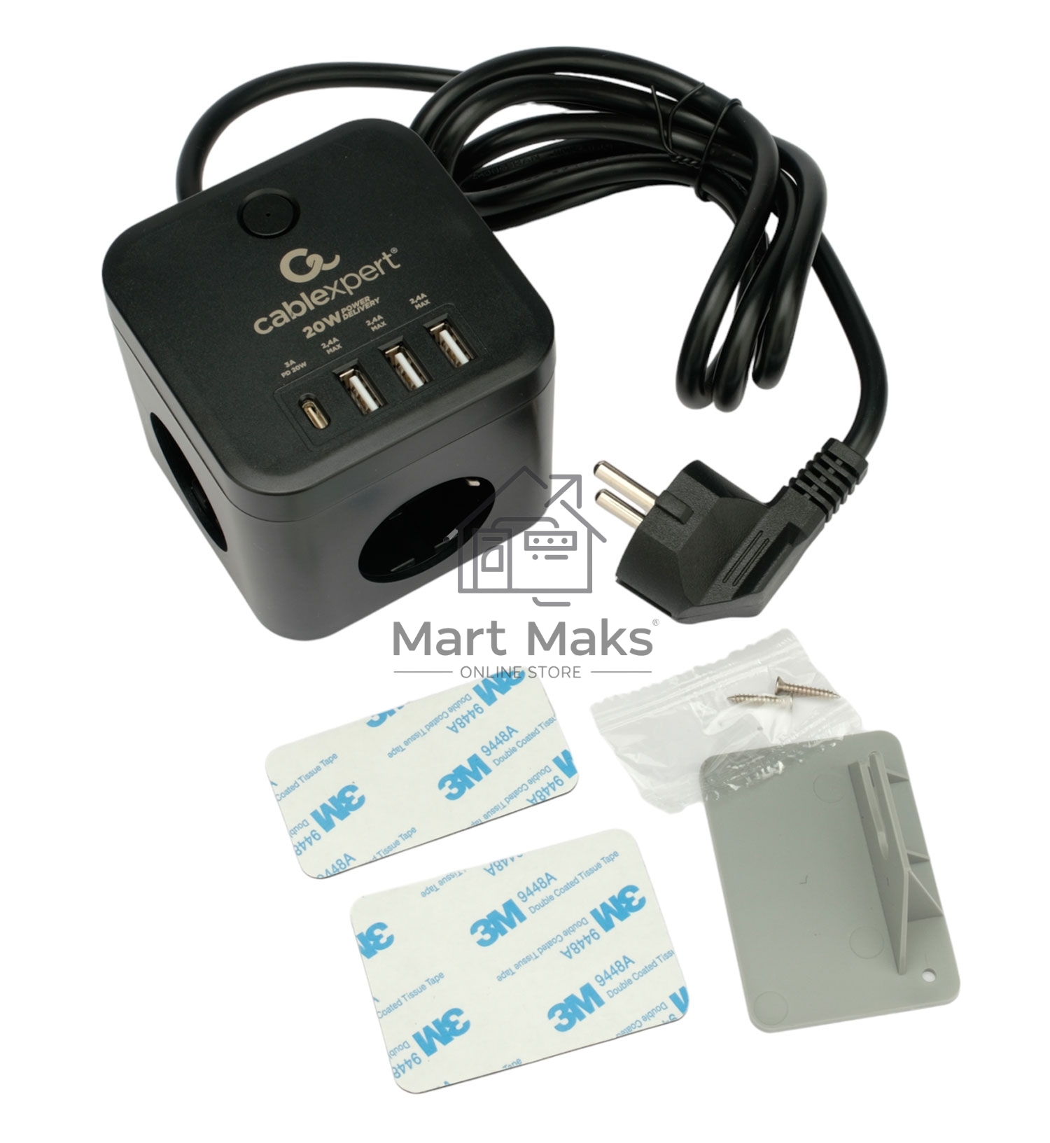 Сетевой фильтр Cablexpert Cube CUBE-3-CU3-B-1.5, 3р, 10А, 1xType-C PD, 3xUSB, 1.5м, ур.защиты 4+, черный, коробка