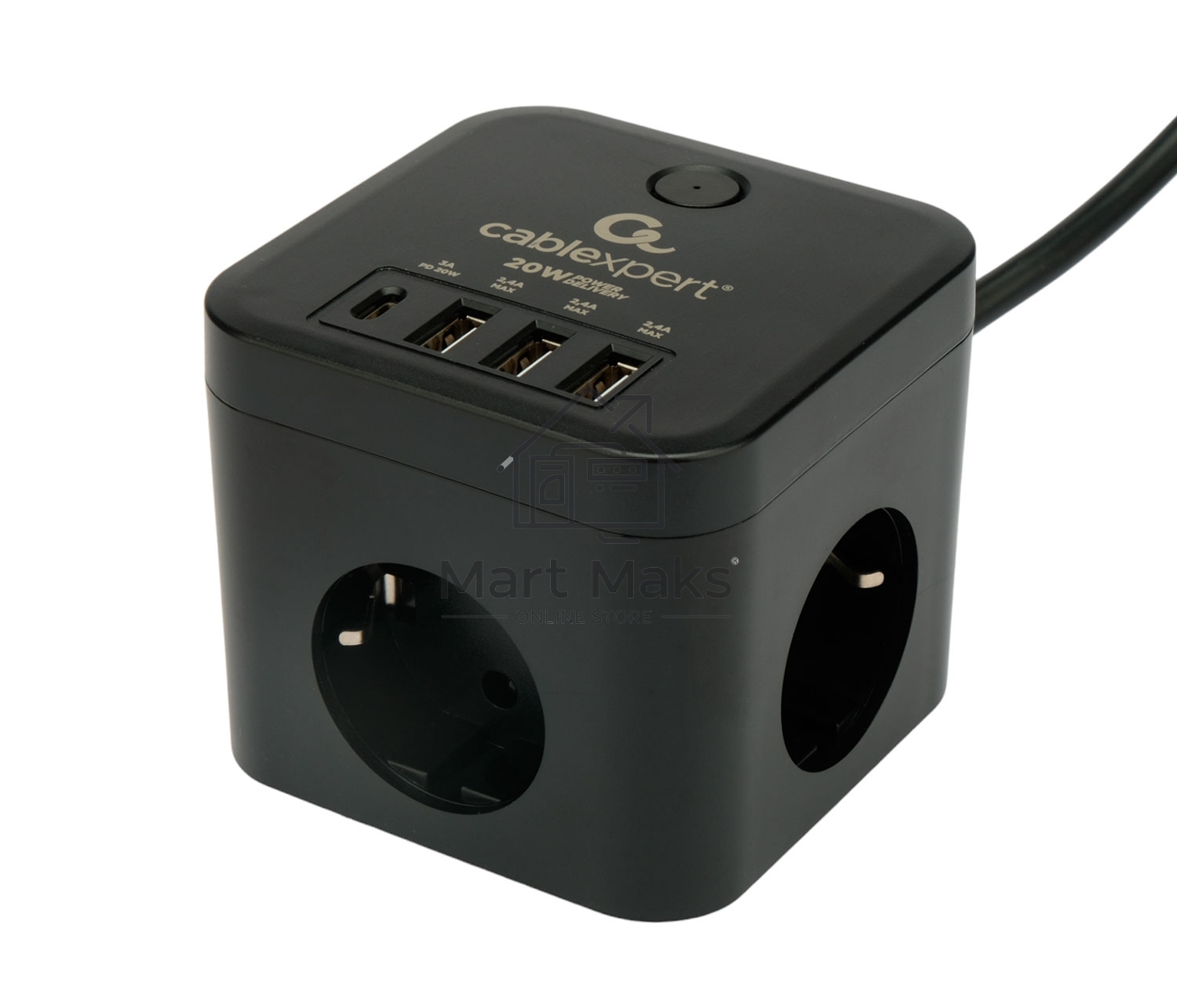 Сетевой фильтр Cablexpert Cube CUBE-3-CU3-B-1.5, 3р, 10А, 1xType-C PD, 3xUSB, 1.5м, ур.защиты 4+, черный, коробка