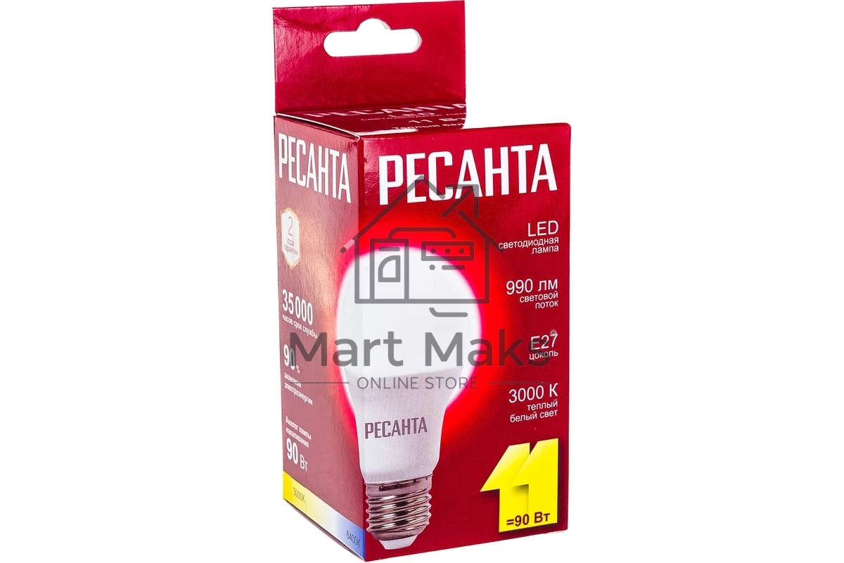 Лампа светодиодная Ресанта LL-R-A60-11W-230-3K-E27 груша, 11 Вт, тепл., Е27