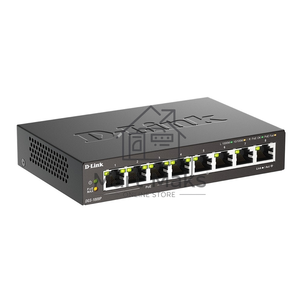 Неуправляемый коммутатор D-Link DGS-1008P/F3A с 8 портами 10/100/1000Base-T (4 порта PoE 802.3af/at, PoE-бюджет 60 Вт)