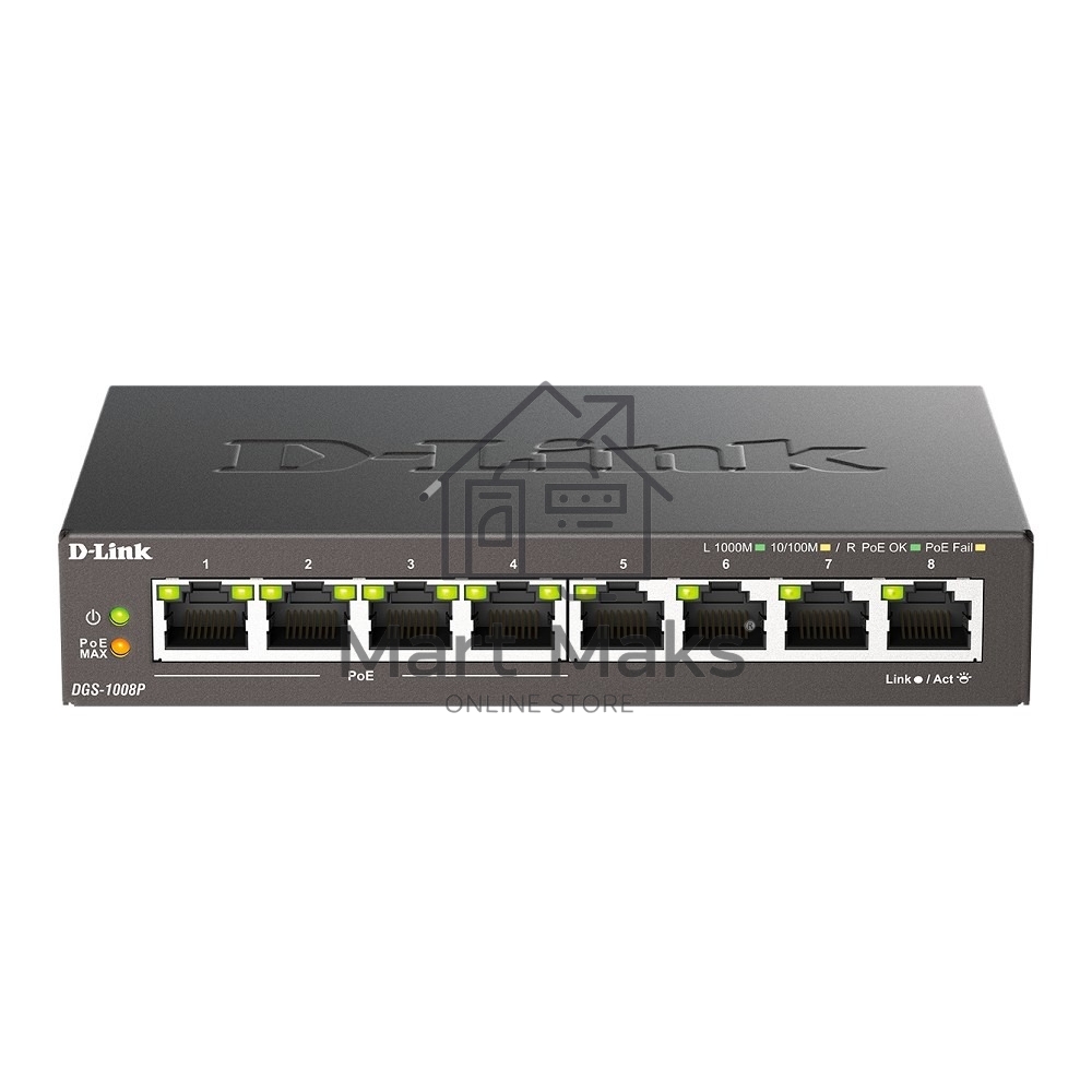 Неуправляемый коммутатор D-Link DGS-1008P/F3A с 8 портами 10/100/1000Base-T (4 порта PoE 802.3af/at, PoE-бюджет 60 Вт)