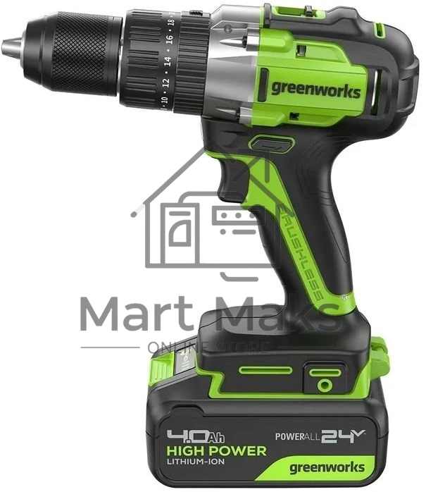 Дрель-шуруповерт GREENWORKS GD24DD60, 24 В, 0 Ач, 60 Нм, бесщеточный, ударный